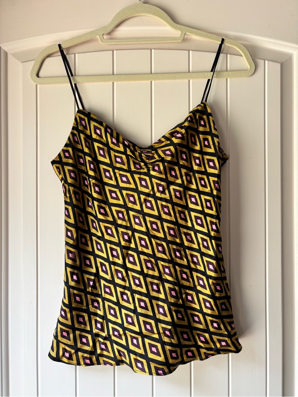 Milly of New York Black Satin Cami with Yellow & Pink Geometric Diamonds